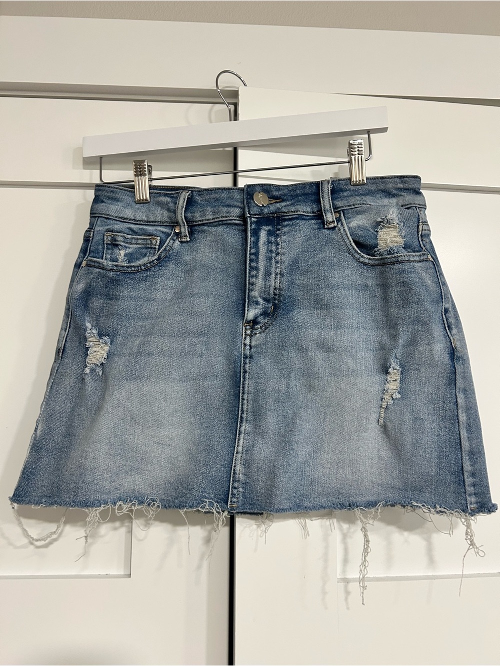 Light Blue Denim Distressed Mini Skirt